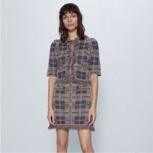 Zara Checkered Knit Jacket and Size 4 Skirt with Button Detail